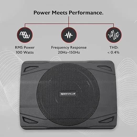 Rockville SS8P Slim Under-Seat Powered Subwoofer, 8", 400W, Built-In Amplifier, 100W RMS, Aluminum Enclosure, Bass Remote, Perfect for Car/Truck Audio