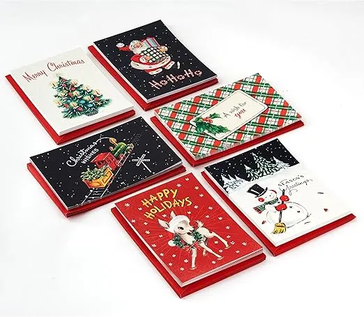 Hallmark Vintage Christmas Card Assortment (36 Cards and Envelopes) Retro Santa, Toy Trains, Snowmen, Trees