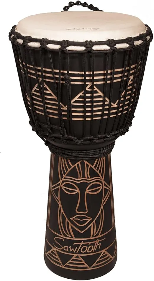 Sawtooth Harmony Series 12" Hand Carved Spirit Design Rope Djembe, Satin Black Finish