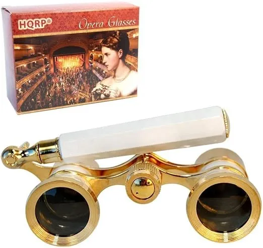 HQRP 3 x 25 Opera Glasses Binocular w/Built-in Extendable Handle, White-Pearl with Gold Trim, with Crystal Clear Optics (CCO)