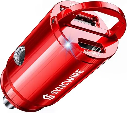 USB C Car Charger Syncwire 90W [PD 45W & QC 45W] USB Car Charger Adapter Fast Charging [Super Mini & All Metal] Compatible with iPhone 15/14 Pro Max Plus 13 12 Samsung S23/S22/S21, Pixel, iPad, Red