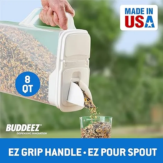 Buddeez Pet Food Storage Containers - 2 Count Bird Seed Dispenser with Pour Tight Lids and Easy Pour Spouts, 8 Qt and 3.5 Qt, Bird Seed Storage for Small and Large Feed, BPA Free