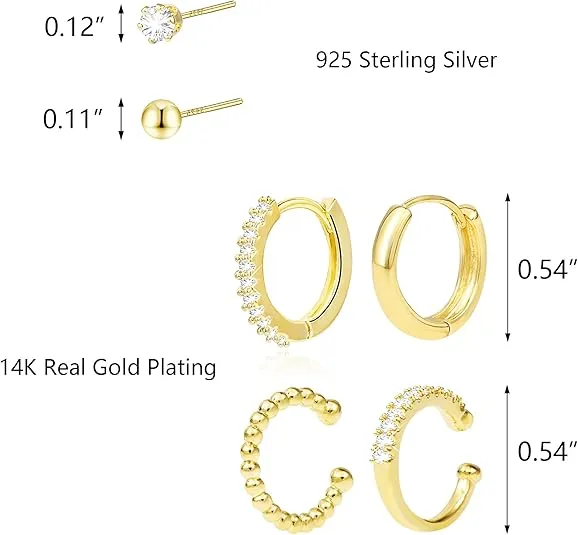 Earring Sets for Multiple Piercing | 14K Gold Plated Studs Earrings and Hoops Set Hypoallergenic Small Hoop CZ Ball Studs Earrings for Women Girls（6 Pairs）