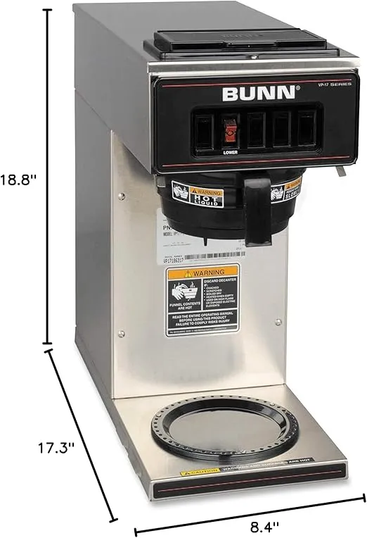 BUNN 13300.0001 VP17-1SS Pourover Coffee Brewer with 1-Warmer, Stainless Steel, Silver, Standard