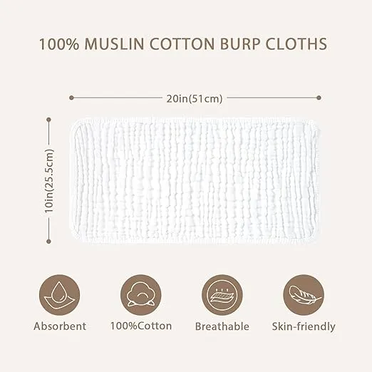 Yoofoss Muslin Burp Cloths for Baby 10 Pack 100% Cotton Baby Washcloths for Boys Girls Large 20''X10'' Super Soft and Absorbent White