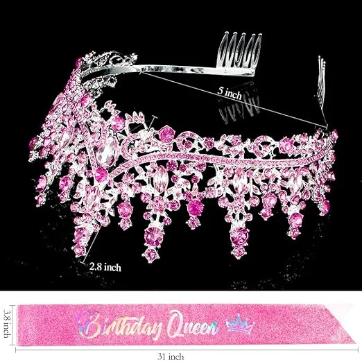 Pink Tiara Crown Birthday Queen Sash Tiaras and Crowns for Women Girls Crystal Princess Tiara Rhinestone Headbands Quinceanera Crown Headpieces Happy Birthday Decorations Accessories for