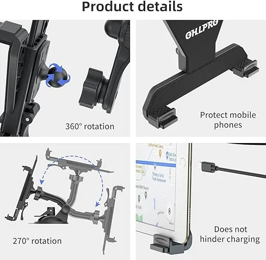 OHLPRO Tablet Holder for Car Dashboard, iPad Car Suction Cup Mount for Truck Windshield Vent with Flexible Arm Clip, for All 6"-11" Apple iPad Samsung Galaxy Tab Tablets, 360° Rotation, Black