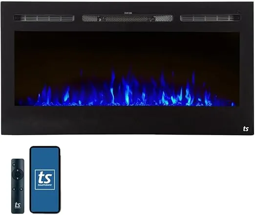 Touchstone Smart Electric Fireplace-The Sideline 40 Inch Wide-in Wall Recessed-30 Realistic Ember Color/Flame Options-1500W Heater w/Thermostat-Black-Log & Crystal Hearth Options -Alexa/WiFi Enabled