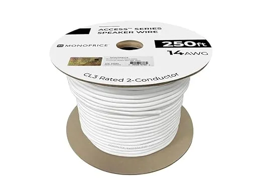 Monoprice Speaker Wire - CL3 Rated, 2-Conductor, 14AWG, PVC Jacket Material, 99.9% Oxygen-Free Pure Bare Copper, 25 Feet, White