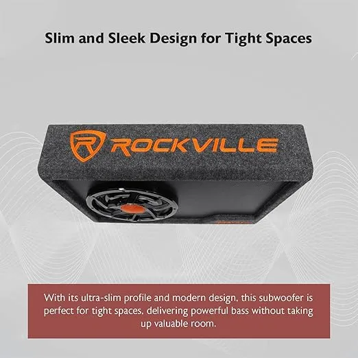 Rockville RWS10CA Slim Powered Subwoofer Enclosure, 10", 1000W, Built-In Amp, Sealed MDF Box, Bass Remote, Compact Design, Perfect for Car Audio