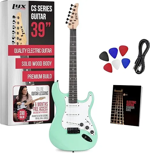 LyxPro CS 39” Electric Guitar Kit for Beginner, Intermediate & Pro Players with Guitar, Amp Cable, 6 Picks & Learner’s Guide | Solid Wood Body, Volume/Tone Controls, 5-Way Pickup - Green