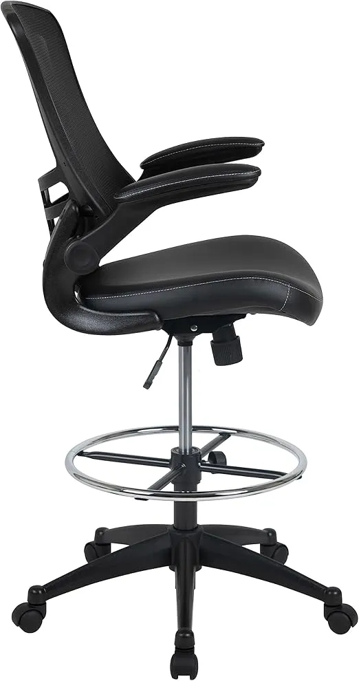 Flash Furniture Kelista Mid-Back Swivel Office Chair with Adjustable LeatherSoft Seat Height, Ergonomic Mesh Chair with Flip-Up Arms, Black