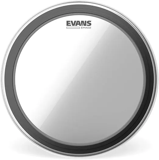 Evans EMAD2 Clear Bass Drum Head, 20” – Externally Mounted Adjustable Damping System Allows Player to Adjust Attack and Focus – 2 Foam Damping Rings for Sound Options - Versatile for All Music Genres