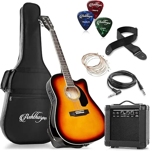 Ashthorpe Full-Size Thinline Cutaway Acoustic Electric Guitar Package with 10 Watt Amp - Sunburst