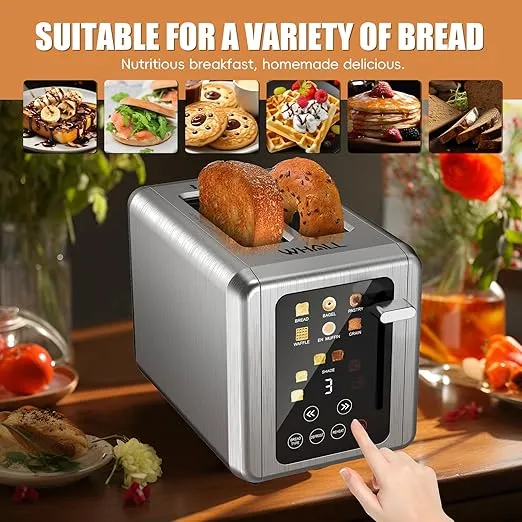 WHALL® Touch Screen Toaster 2 Slice, Stainless Steel Digital Timer Toaster, 6 Bread Types & 6 Shade Settings, Smart Extra Wide Slots Toaster With Bagel, Cancel, Defrost Functions