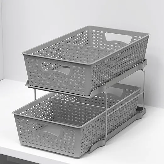 Simple Houseware 2 Tier Bathroom Organizer Tray Pull-Out Sliding Drawer/Under-Sink Storage, Grey