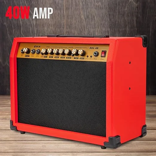 LyxPro 40 Watt Electric Guitar Amplifier | Combo Solid State Studio Amp with 8” 4-Ohm Speaker, Custom EQ Controls, Drive, Delay, ¼” Passive/Active/Microphone Inputs, Aux In & Headphone Jack - Red