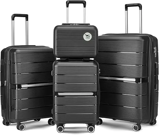 Luggage 4 Piece Sets, Expandable Carry On Luggage Set Hardshell PP, Suitcase Set with Double Spinner Wheels, Checked Durable Lightweight with TSA Lock, 14in 20in 24in 28in-Black(A)