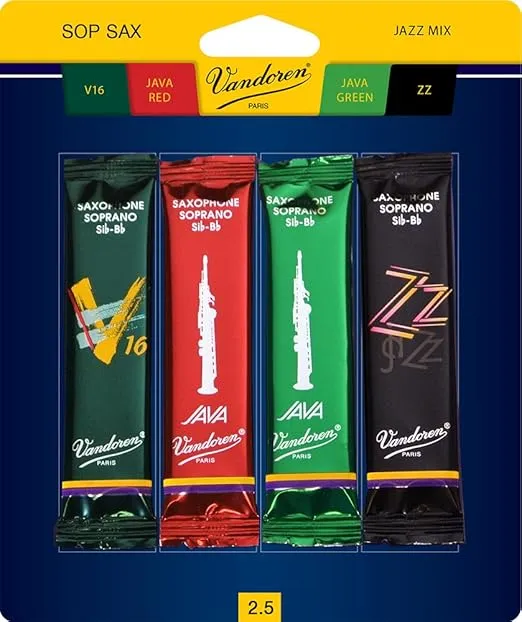 Vandoren SRMIXS25 Soprano Sax Jazz Reed Mix Card includes 1 each ZZ, V16, JAVA Green and JAVA Red Strength 2.5