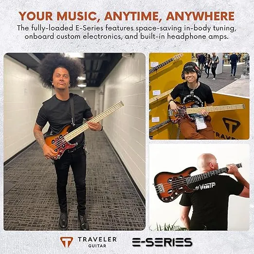 Traveler Guitar TB-4P Sunburst Bass | Travel Guitar with Aux-in | 4 String Bass Guitar with 22 Jumbo Frets | Full 32" Scale Portable Electric Bass Guitar | Headless Guitar with Custom Gig Bag