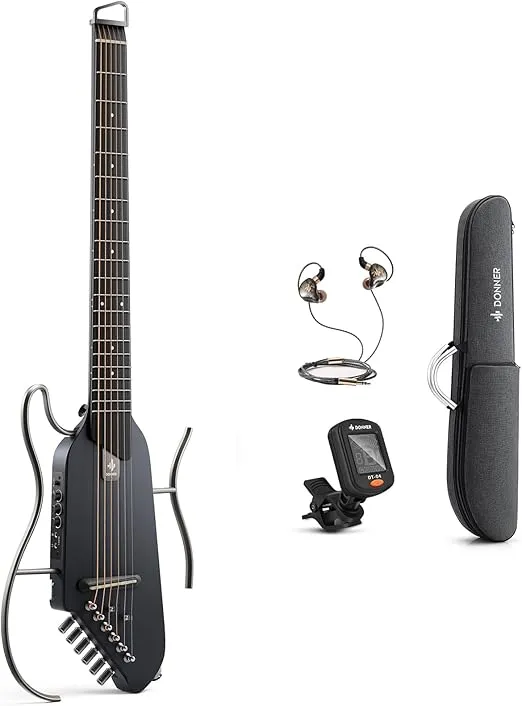 Donner HUSH-I Guitar For Travel - Portable Ultra-Light and Quiet Performance Headless Acoustic-Electric Guitar, Maple Body with Removable Frames, Gig Bag, and Accessories