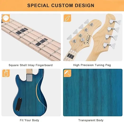 GLARRY GP Series Full Size Electric Bass Guitar 4 String Beginner Kit Canadian Maple Fingerboard with Cable, Strap, Bag and Accessories(Blue)