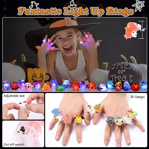 50pcs 3D Halloween Treats Light Up Rings Halloween Toys Halloween Party Favors for Kids Adults Flashing LED Glow In The Dark Party Supplies Goodie Bag Fillers Non Candy Treats Halloween Gifts