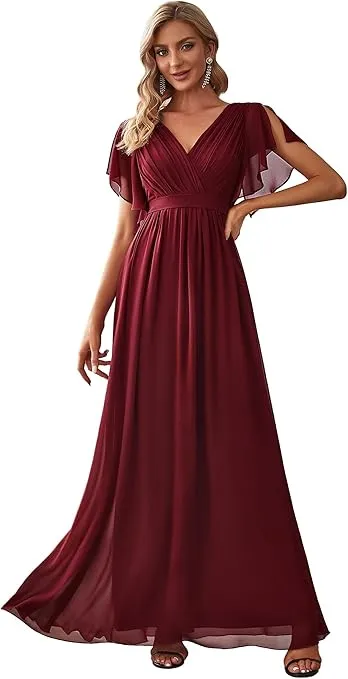 Ever-Pretty Women's Bridesmaid Dress V-Neck Ruffle Sleeves Ruched Bust Floor Length Chiffon Formal Dresses 0164A