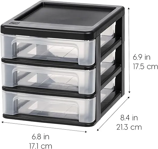 IRIS USA Plastic Stacking Desk Top 3-Drawer Storage Organizer, 4-Pack, for Makep Vanity Nail Polish Bathroom Stationery Art Craft Supplies Kitchen Office Garage and Small Organization, Small, Black