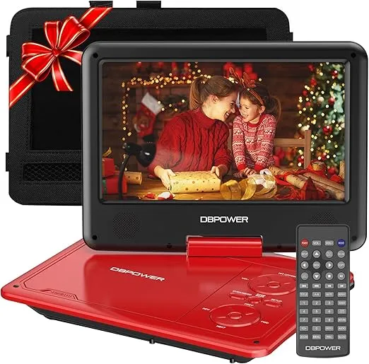 DBPOWER 11.5" Portable DVD Player, 5-Hour Built-in Rechargeable Battery, 9" Swivel Screen, Support CD/DVD/SD Card/USB, Remote Control, 1.8 Meter Car Charger, Power Adaptor and Car Headrest (Red)