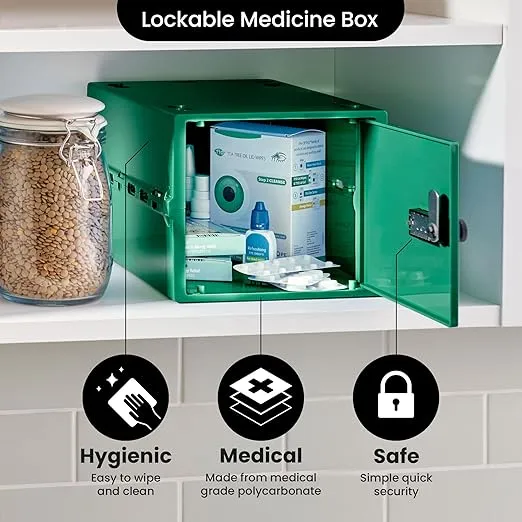 Lockabox One™ | Premium Medicine Lock Box | 10 Litre Medication Lock Box With Code For Medicines, Vitamins & Supplements | External Size 12 x 8 x 6.6 inches (Medi Green)