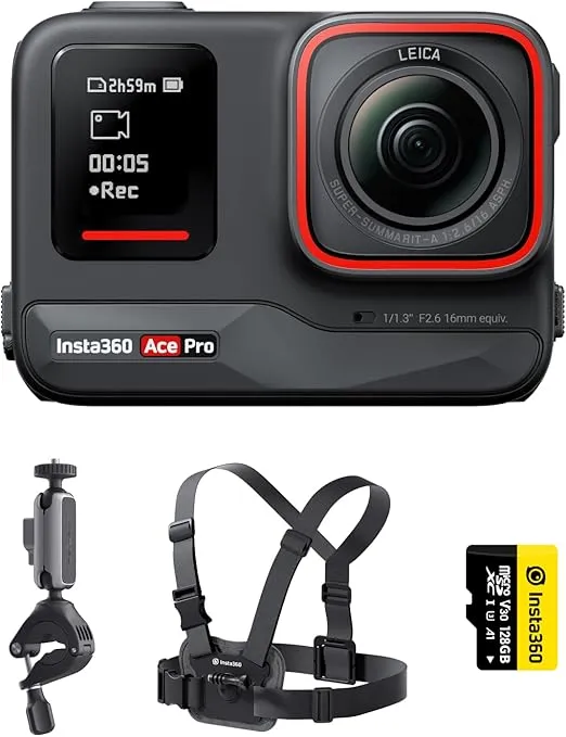 Insta360 Ace Pro Bike Kit - Waterproof Action Camera Co-Engineered with Leica, Flagship 1/1.3" Sensor and AI Noise Reduction for Unbeatable Image Quality, 4K120fps, 2.4" Flip Screen & AI Features