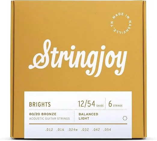 Stringjoy BB1254 Brights 80/20 Bronze Light Acoustic Guitar Strings, 12-54 Light Gauge, Guitar Strings Acoustic 6 String Set, Long-Lasting Tone, Smooth Playability, Premium Guitar Accessories