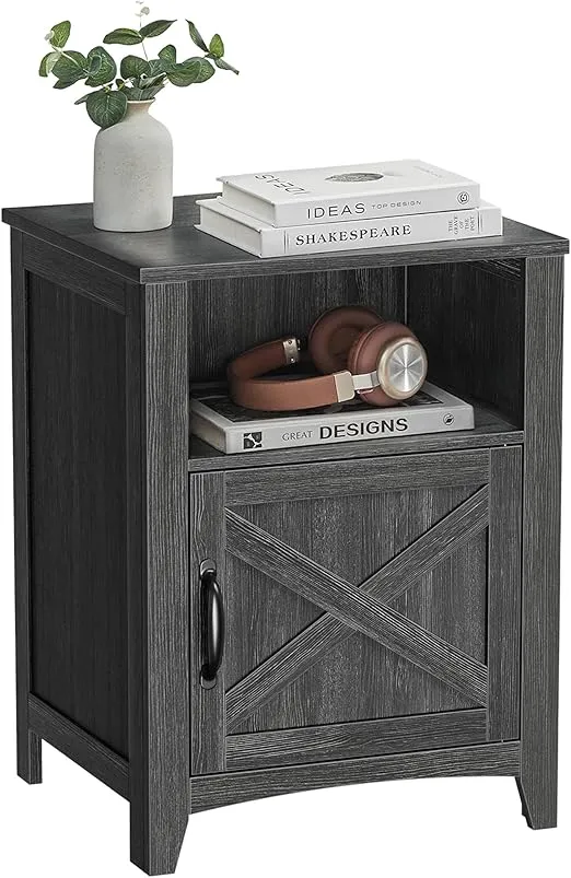 VASAGLE Farmhouse Nightstand with Barn Door, Bedside Table with Storage, Side End Table, Night Stand with Open Compartment, for Bedroom, Charcoal Gray ULETUS609G22