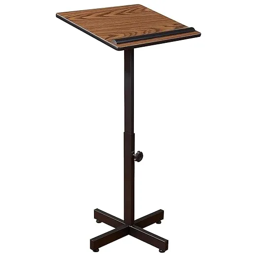 Oklahoma Sound Portable Presentation Series Adjustable Height Lectern Stand 16 Inch x 20 Inch Reading Surface with Book and Paper Stop, Medium Oak