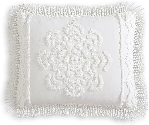 Beatrice Home Fashions Standard Sham, Ivory, Lotus Medallion 100% Cotton Chenille, Soft, Cozy, Lightweight, Fringe