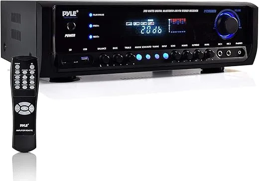 Pyle Wireless Bluetooth Power Amplifier System 300W 4 Channel Home Theater Audio Stereo Sound Receiver Box Entertainment w/ USB, RCA, 3.5mm AUX, LED, Remote for Speaker, PA, Studio- PT390BTU,BLACK