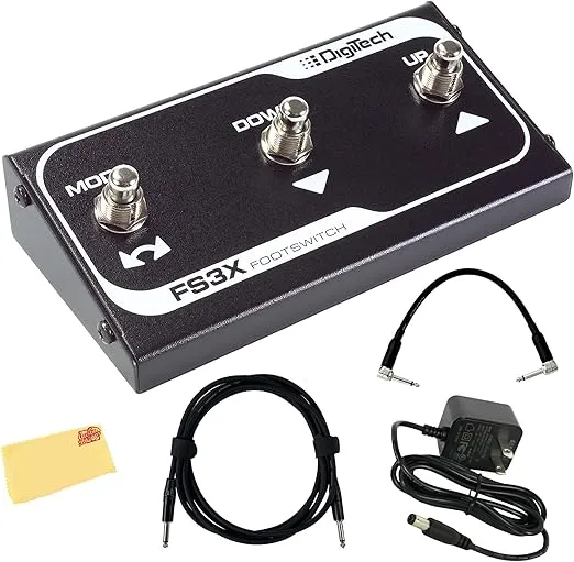 DigiTech FS3X 3-Button Footswitch Bundle with Power Supply, Guitar Cable, Patch Cable, and Austin Bazaar Polishing Cloth