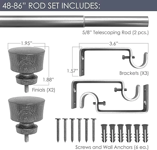 Stockton 48-86 Inch Adjustable Curtain Rod Set, 5/8 Inch Diameter in Distressed Black