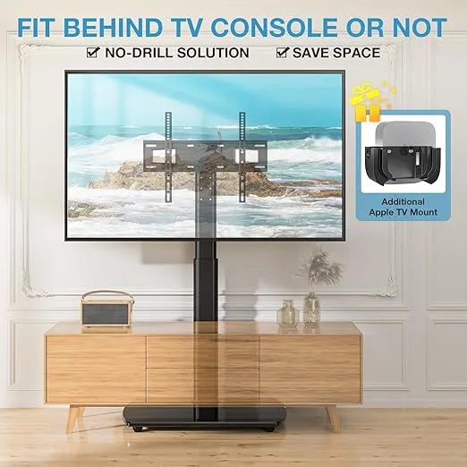 YOMT Universal TV Floor Stand with Apple TV/Roku Ultra Mount for 27-65 Inch LCD LED OLED TVs, Swivel Height Adjustable and Space Saving Design for Corner Bedroom Living Room, Black