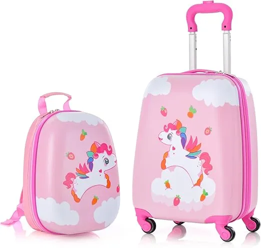 BABY JOY 2 Pcs Kids Luggage Set, 16" Toddlers Carry-on Suitcase & 12" Backpack Set, Children Travelling Case w/ 4 Casters, Retractable Handle, Lightweight Trolley Case for Girls Boys (Cloud Pony)