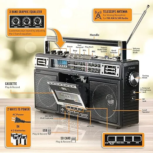 QFX J-220BT Boombox MP3 Conversion from Radio to Cassette with 4-Band (AM, FM, SW1, SW2) Radio with Bluetooth, Rechargeable Battery, Dual 3” Speakers, Built-in Microphone, Recorder, 3-Band Equalizer