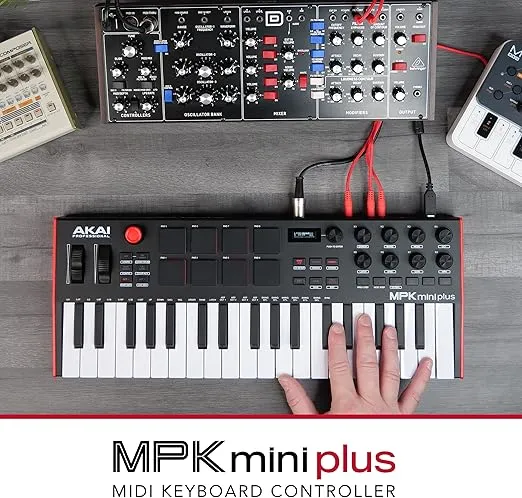 Akai Professional MPK Mini Plus - USB MIDI Keyboard Controller with 37 Mini Keys, 8 MPC Pads, Sequencer, MIDI/CV/Gate I/O, Music Production Software