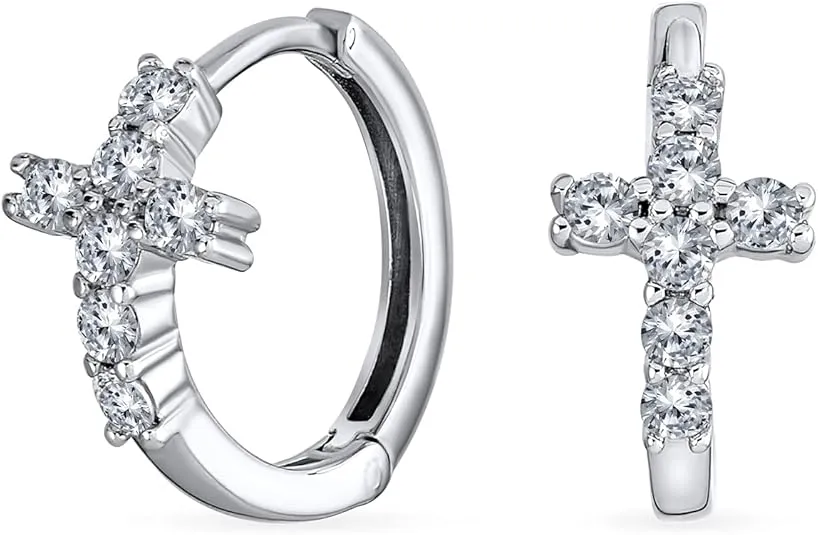 Traditional Religious Spiritual CZ Micro Pave Cross Stud Earrings For Women Teen Men .925 Sterling Silver Cubic Zirconia