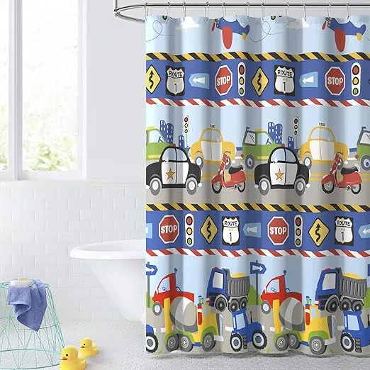 Dream Factory Kids Fabric Shower Curtain for Bathroom, 72 in x 72 in (W x L), Blue Red Trains and Trucks