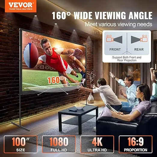 VEVOR Projector Screen with Stand, 100 inch 16:9 4K 1080 HD Outdoor Movie Screen with Stand, Wrinkle-Free Projection Screen with Bar Feet and Carry Bag, for Home Theater Cinema Backyard Movie Night