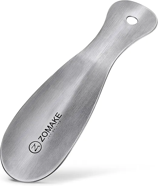 ZOMAKE Metal Shoe Horn Small Shoehorn 7.5 inch - Travel Shoe Horns for Seniors Men Women Kids - Stainless Steel Shoe Horn with Hook (Silver)