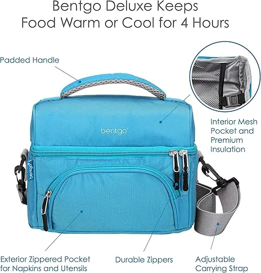 Bentgo® Deluxe Lunch Bag - Durable and Insulated Lunch Tote with Zippered Outer Pocket, Internal Mesh Pocket, Padded and Adjustable Straps, & 2-Way Zippers - Fits All Lunch Boxes (Blue)