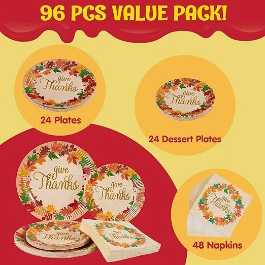 JOYIN 96Pcs Thanksgiving Paper Plates and Napkins Disposable Dinnerware Set for 24 guests give thanks Theme Party Supplies happy thanksgiving Autumn Tableware Set