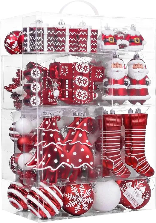 Valery Madelyn 155ct Christmas Ornaments Set, Variety Red and White Shatterproof Christmas Tree Decorations Ball Ornaments Bulk, Traditional Hanging Ornaments for Xmas Trees Holiday Party Decor